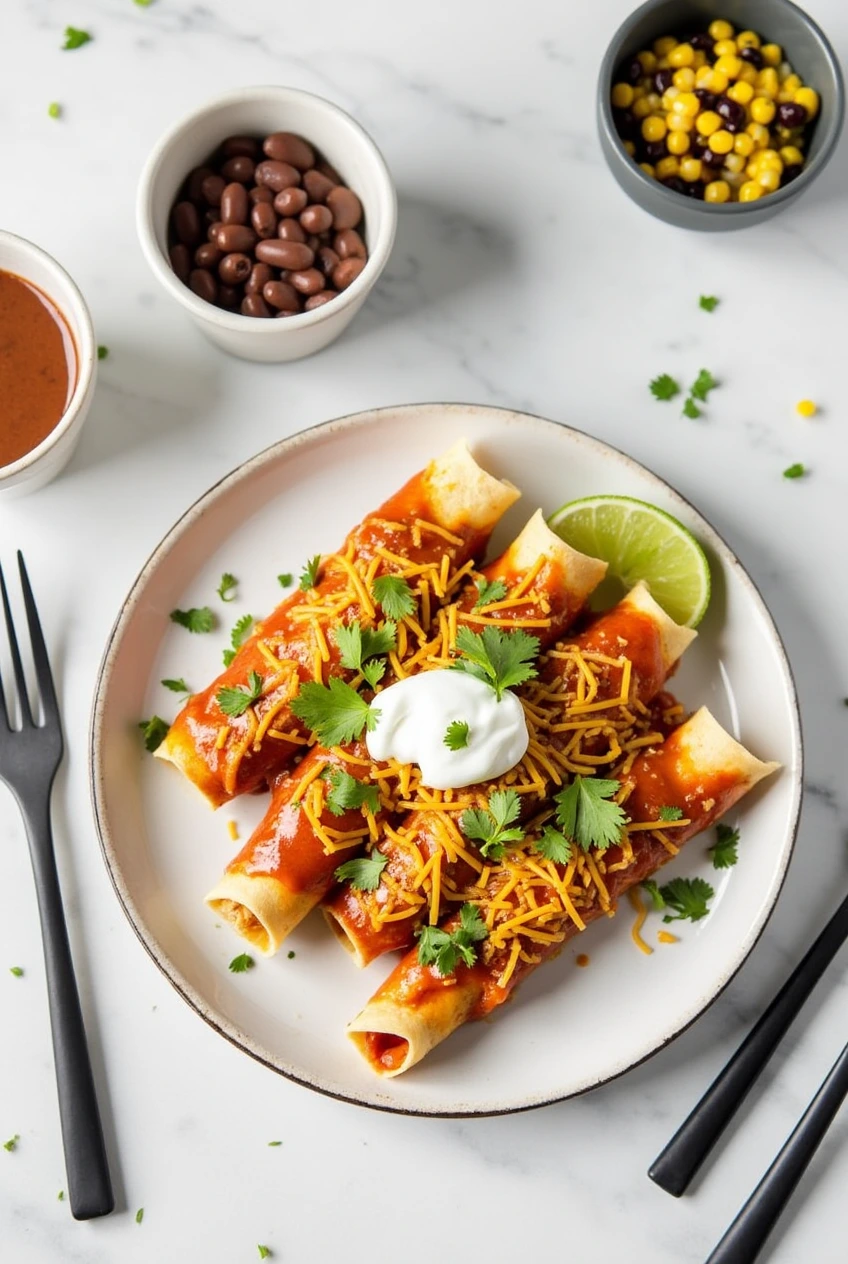 Modern plate of Boulders Enchiladas with rolled tortillas filled with seasoned meat, covered in rich red sauce, and melted cheese. Garnished with cilantro, sour cream, and a lime wedge. Served on a sleek white marble table with bowls of refried beans and corn and black bean salad, along with a matte black fork and knife.